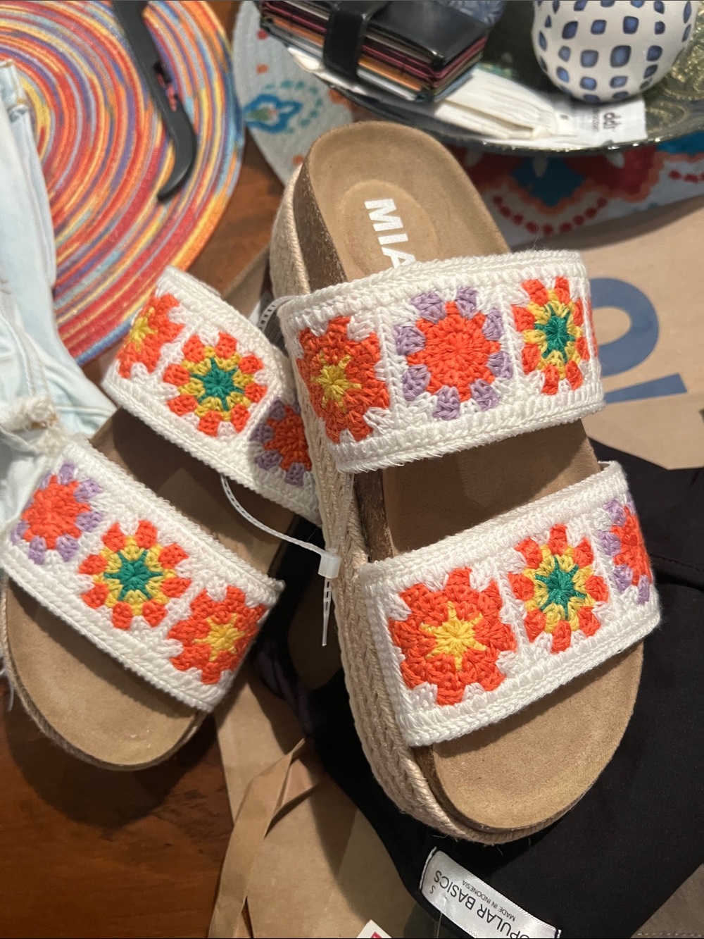 MIA White Crochet Platform Sandals with Orange, Yellow & Purple Floral Squares